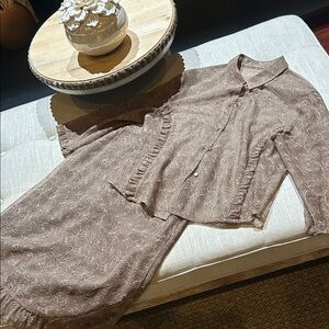 Mac & Jac‎ Brown Floral Lace Frill Hem Button-Up Blouse and Skirt Set Size 12